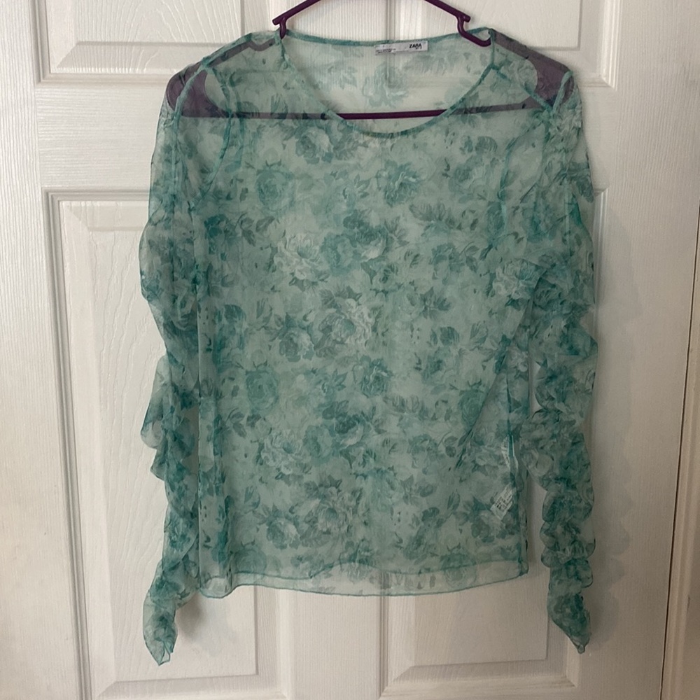 Zara Sheer Floral Ruched Long Sleeve Blouse - Picture 3 of 9